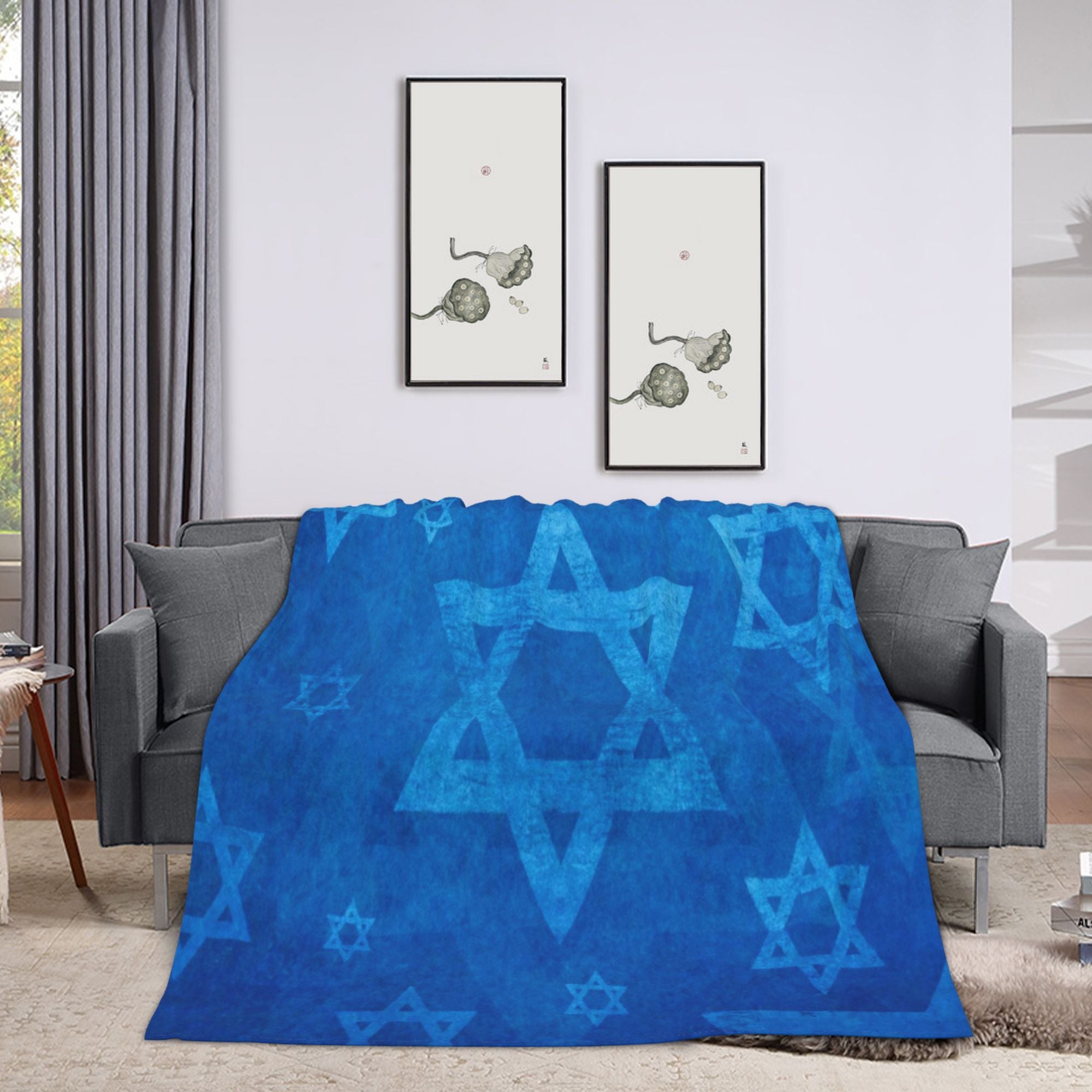 Blue Star of David Flannel Throw Blanket Non-Woven Polyester Digital Print 250-300gsm