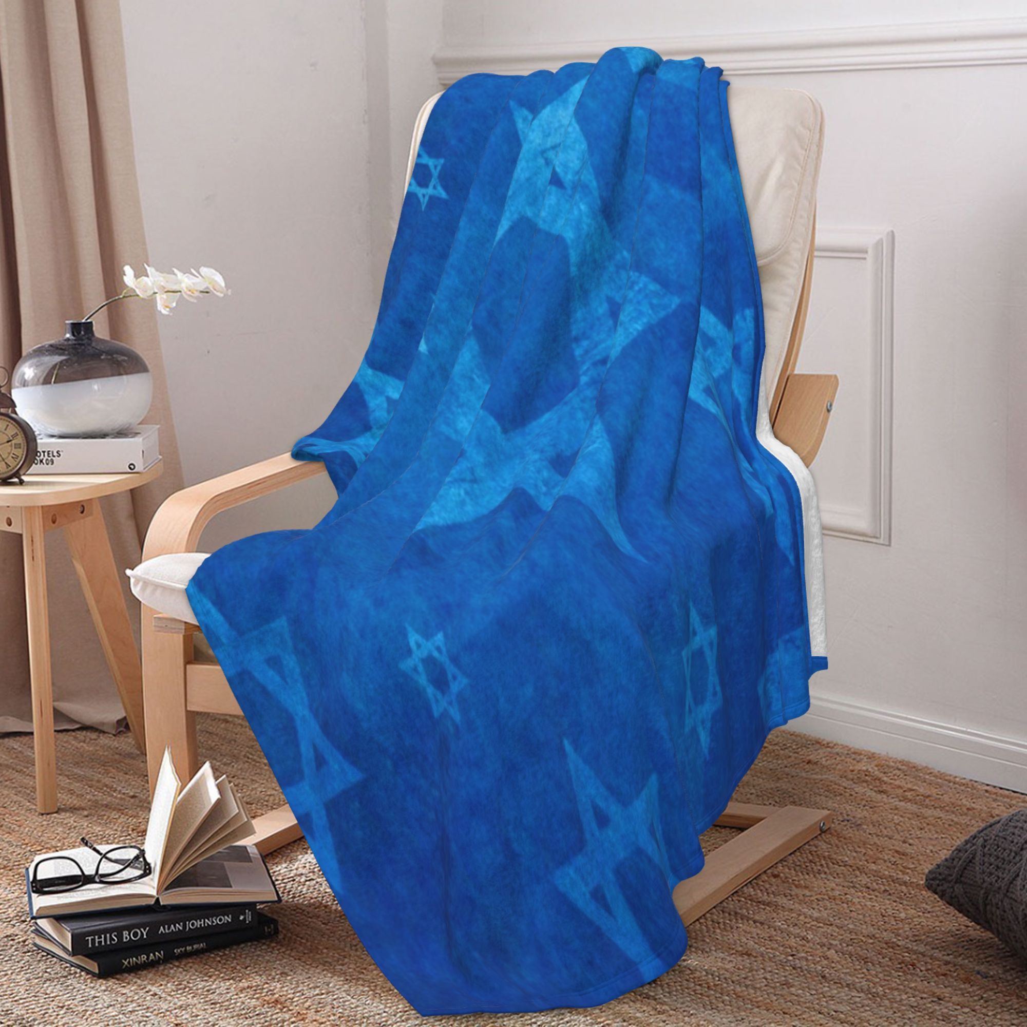 Blue Star of David Flannel Throw Blanket Non-Woven Polyester Digital Print 250-300gsm