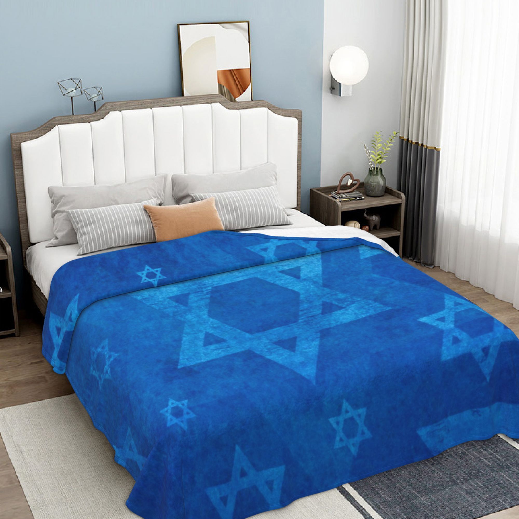 Blue Star of David Flannel Throw Blanket Non-Woven Polyester Digital Print 250-300gsm