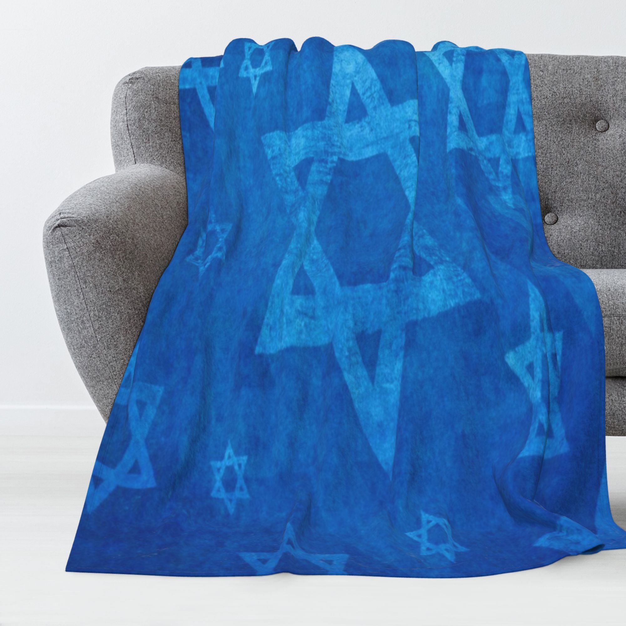 Blue Star of David Flannel Throw Blanket Non-Woven Polyester Digital Print 250-300gsm