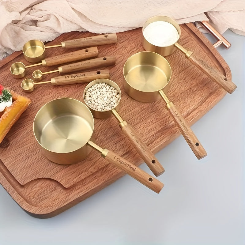 Juego de 8 piezas de tazas y cucharas medidoras de acero inoxidable con mangos de madera de acacia y diseño apilable