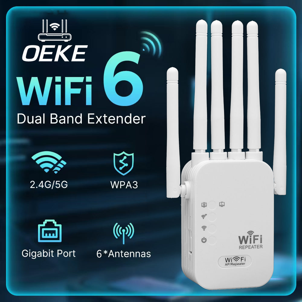 WiFi 6 Extender 1200Mbps with Six Antennas Ethernet Compatible AP Mode for Stable Remote Work
