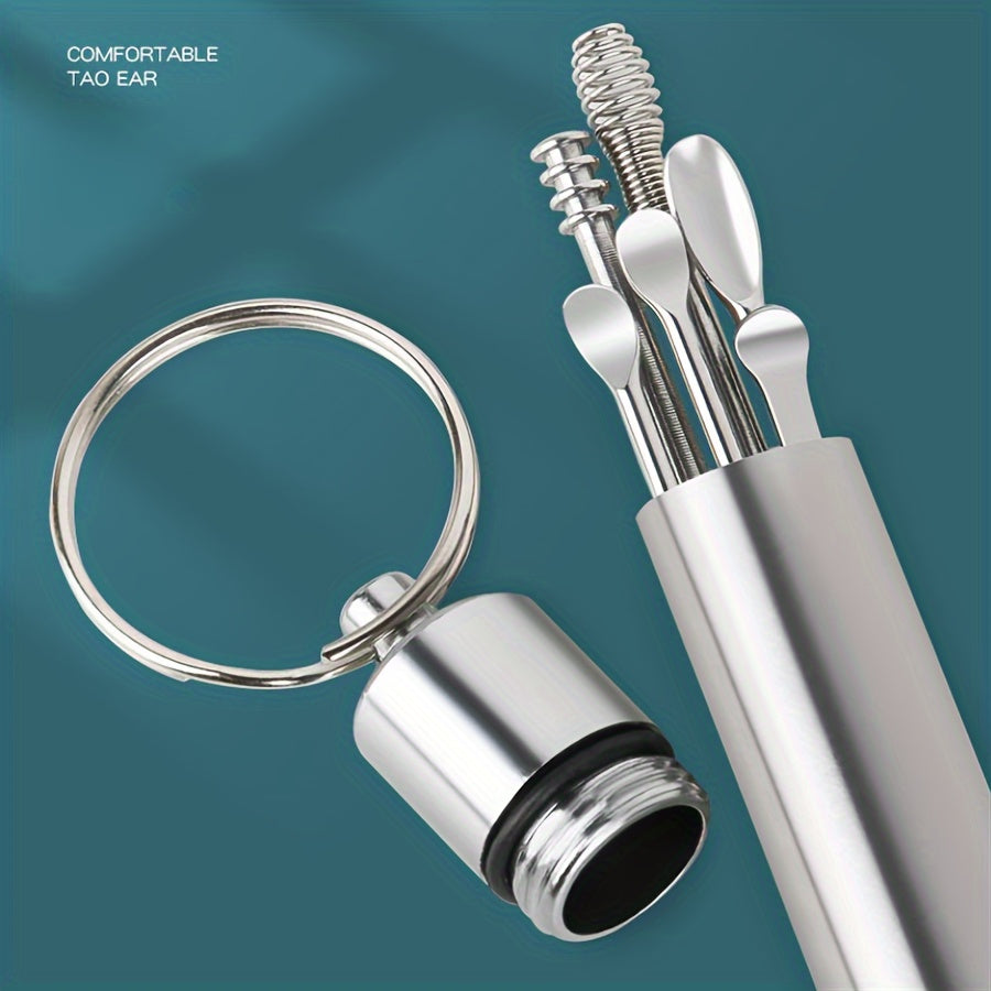 Set of 6 Stainless Steel Ear Cleaning Tools with Spiral and Cylindrical Designs Portable Keychain Household Use