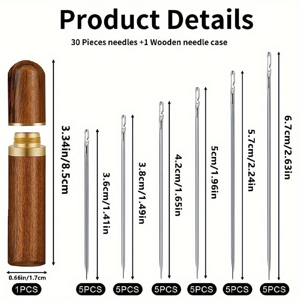 30 ta turli o'lchamdagi o'z-o'zidan ip tortadigan qo'l tikuv ignalari, tez ip tortish uchun yon ochiq, yog'och quvurchada saqlanadi. Tikish, to'qish va qo'l san'atlari uchun ideal.