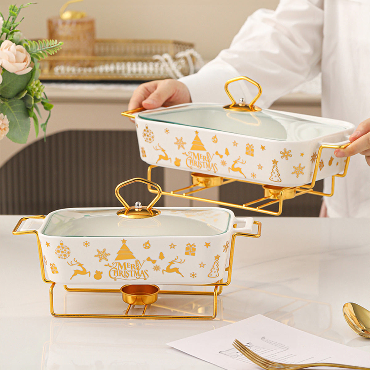 Festive Ceramic Serving Set with Christmas Soup and Griddle Pots and Iron Stand