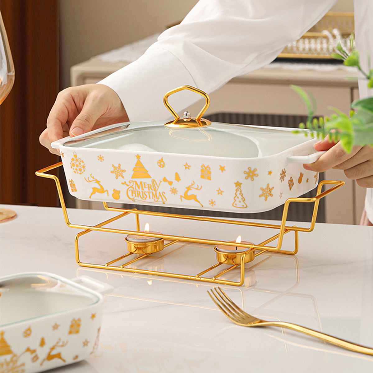 Festive Ceramic Serving Set with Christmas Soup and Griddle Pots and Iron Stand