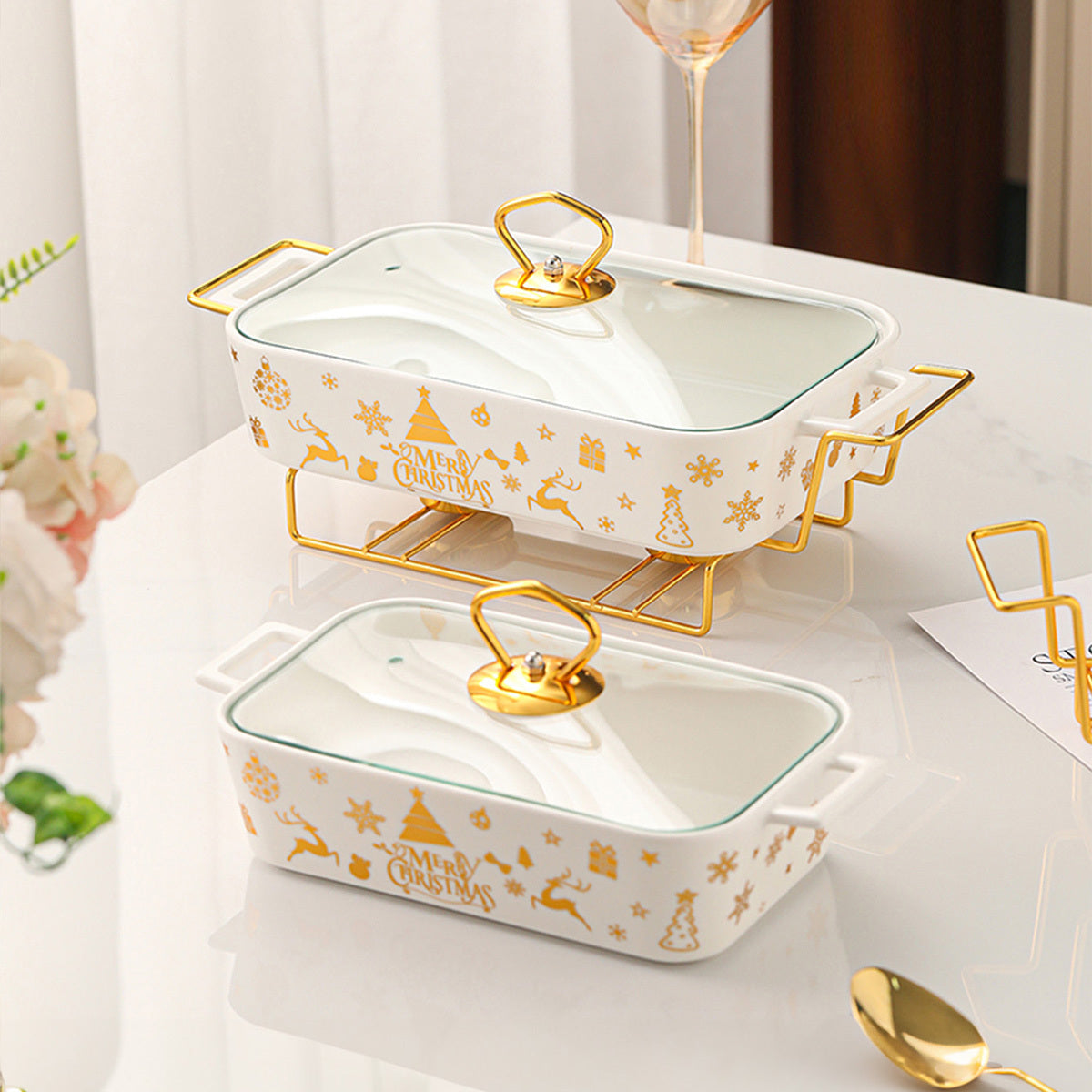 Festive Ceramic Serving Set with Christmas Soup and Griddle Pots and Iron Stand