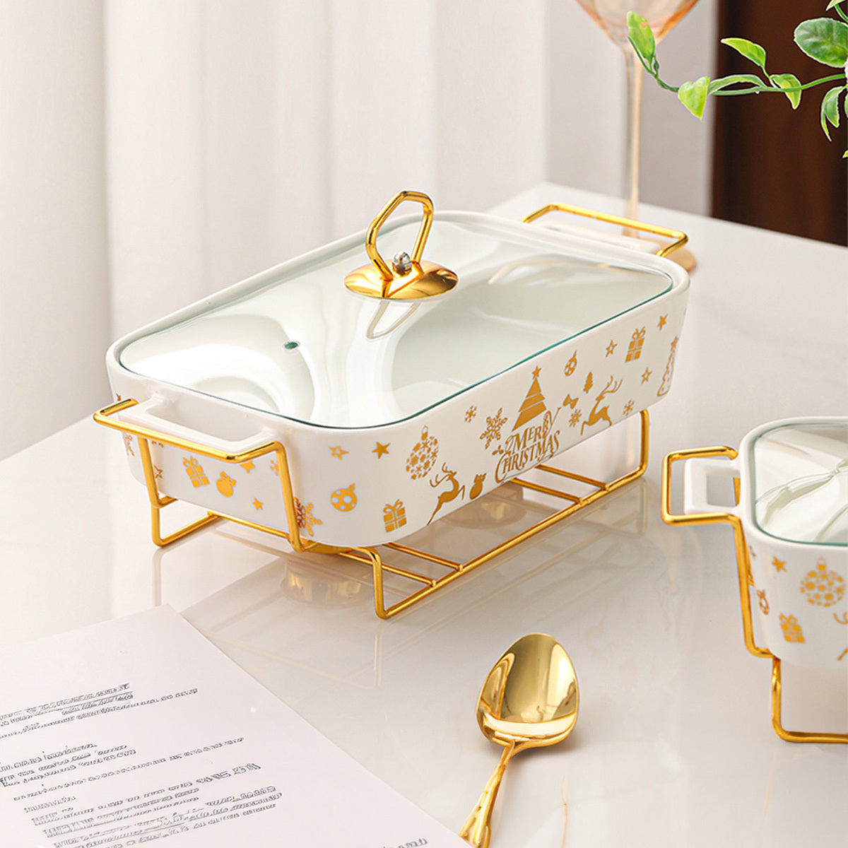 Festive Ceramic Serving Set with Christmas Soup and Griddle Pots and Iron Stand