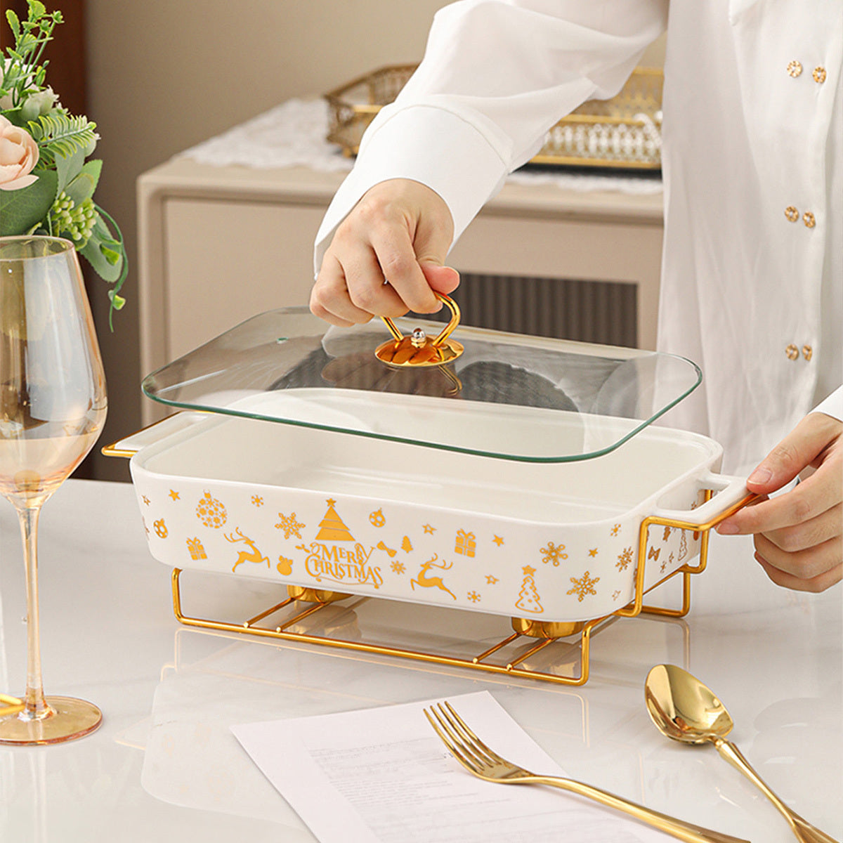Festive Ceramic Serving Set with Christmas Soup and Griddle Pots and Iron Stand