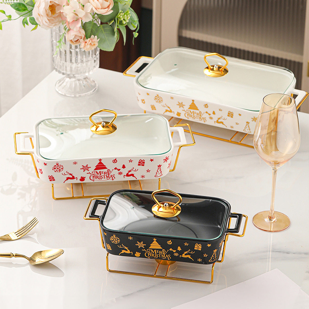 Festive Ceramic Serving Set with Christmas Soup and Griddle Pots and Iron Stand