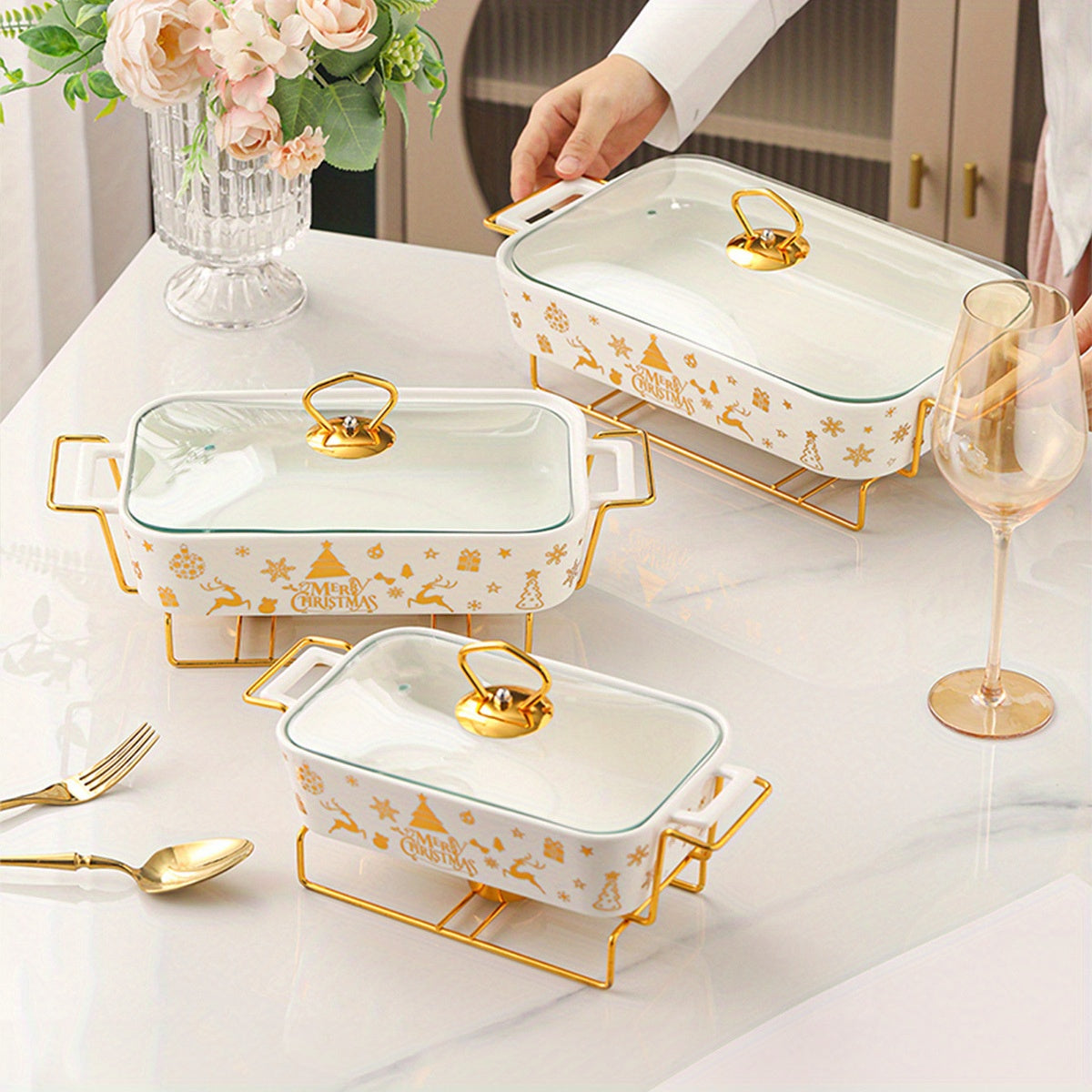 Festive Ceramic Serving Set with Christmas Soup and Griddle Pots and Iron Stand