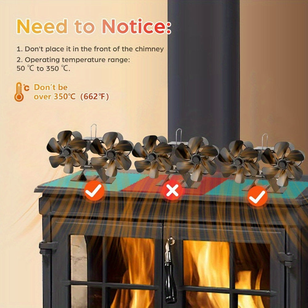 12-Blade Metal Fireplace Fan Dual Heads Portable Air Circulation No Electricity