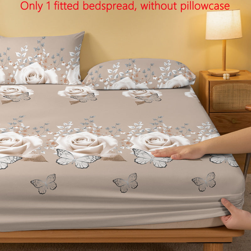 Односпальное покрывало без наволочки, выполненное в современном цветочном узоре с бабочками, с простыней на резинке. Изготовлено из 100% полиэстера с активным принтом, этот легкий материал весит 80-85 г и подходит для матрасов высотой до 29 см.