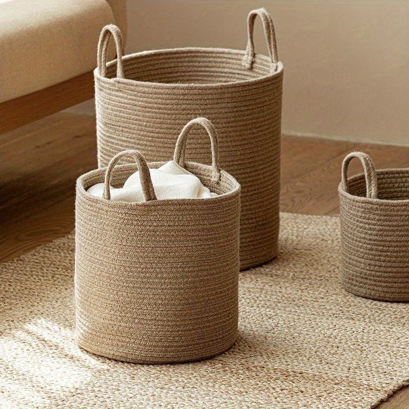 Round Rustic Cotton Rope Laundry Basket with Handles Foldable Storage for Clothes and Toys