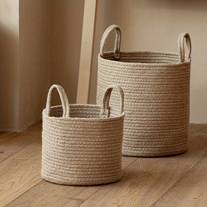 Round Rustic Cotton Rope Laundry Basket with Handles Foldable Storage for Clothes and Toys