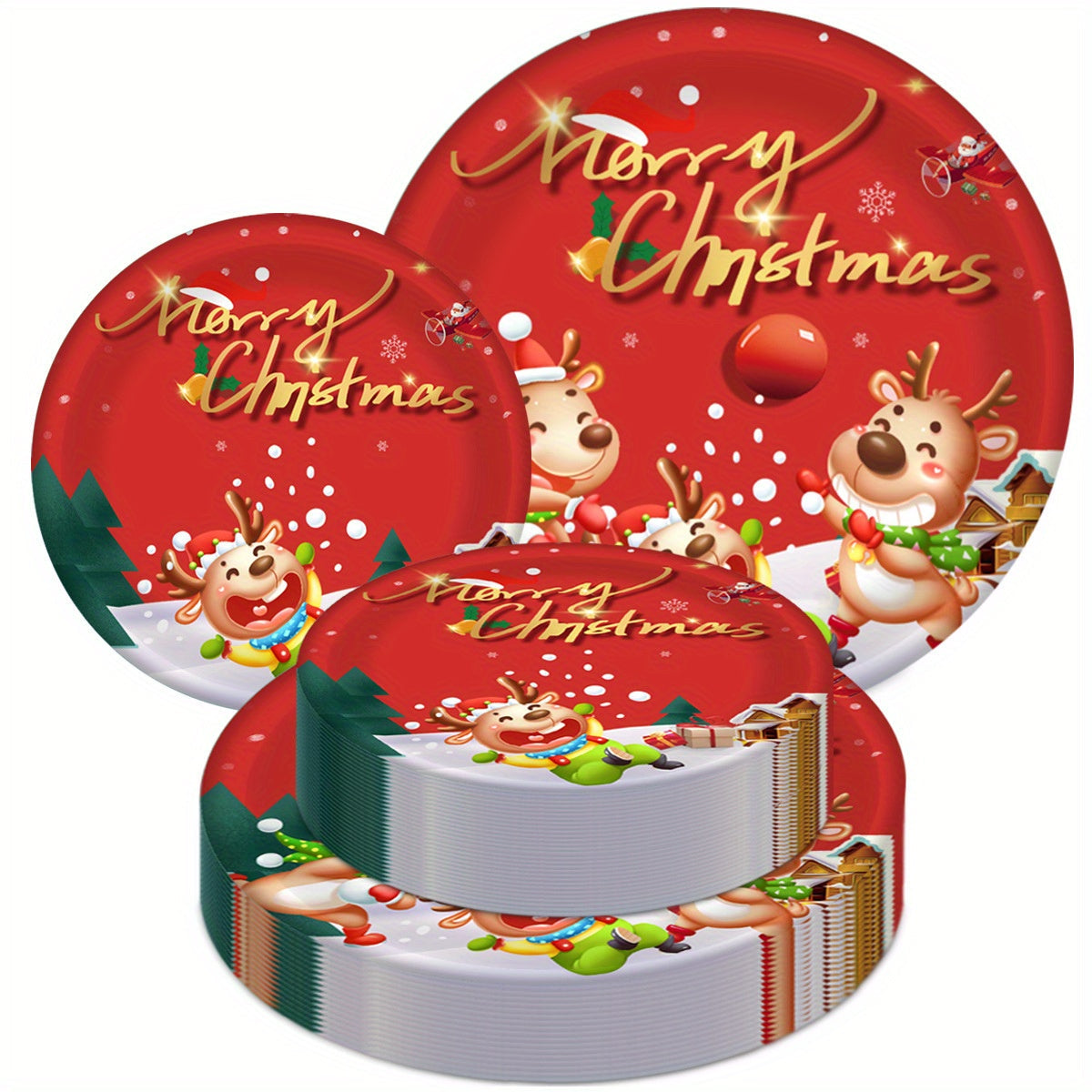 30-Piece Christmas Party Supplies Set with Reindeer Paper Plates and Cups