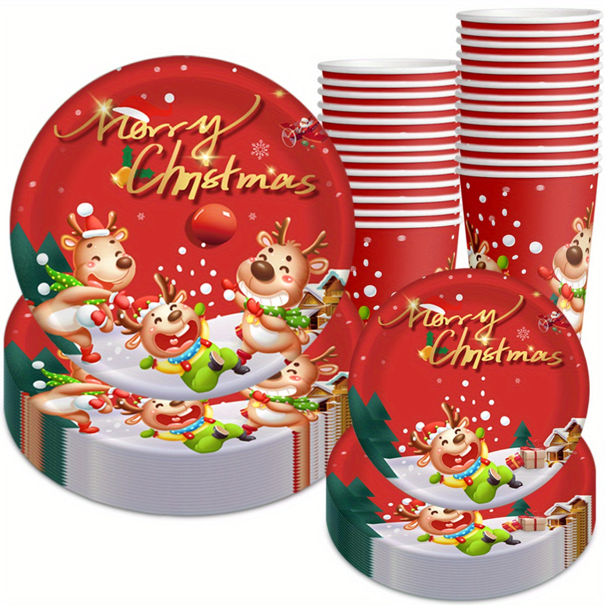 30-Piece Christmas Party Supplies Set with Reindeer Paper Plates and Cups