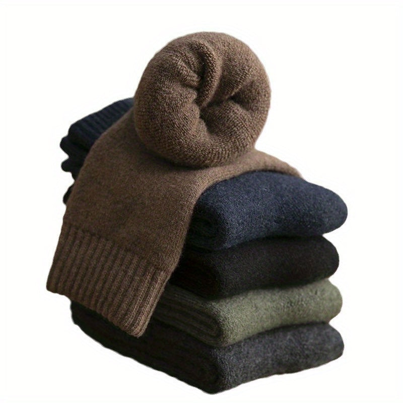 Men's Thick Warm Crew Socks Solid Color Polyester Blend for Fall Winter Set of 4