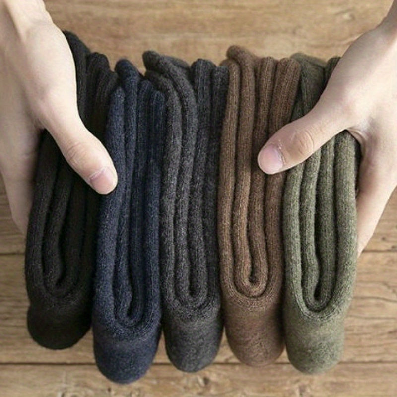 Men's Thick Warm Crew Socks Solid Color Polyester Blend for Fall Winter Set of 4