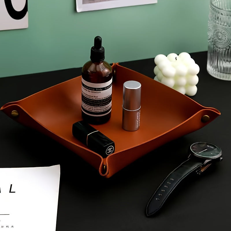 Organizador de escritorio de cuero europeo para llaves, joyas y cosméticos, bandeja de almacenamiento elegante para el hogar
