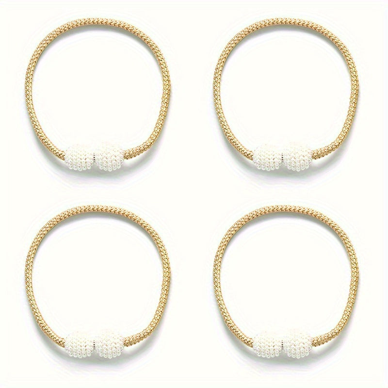 Set of 4 Magnetic Curtain Tiebacks with Pearl Ball and Polyester Rope for Bedroom and Living Room