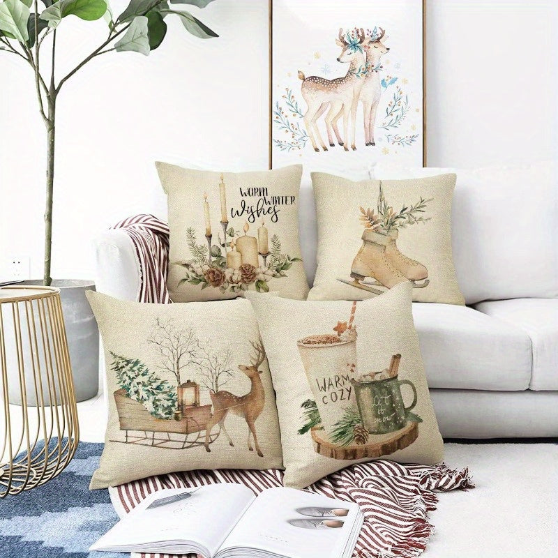 Contemporary Linen Throw Pillow Cover Reindeer Bear Design Zipper Closure Easy Care