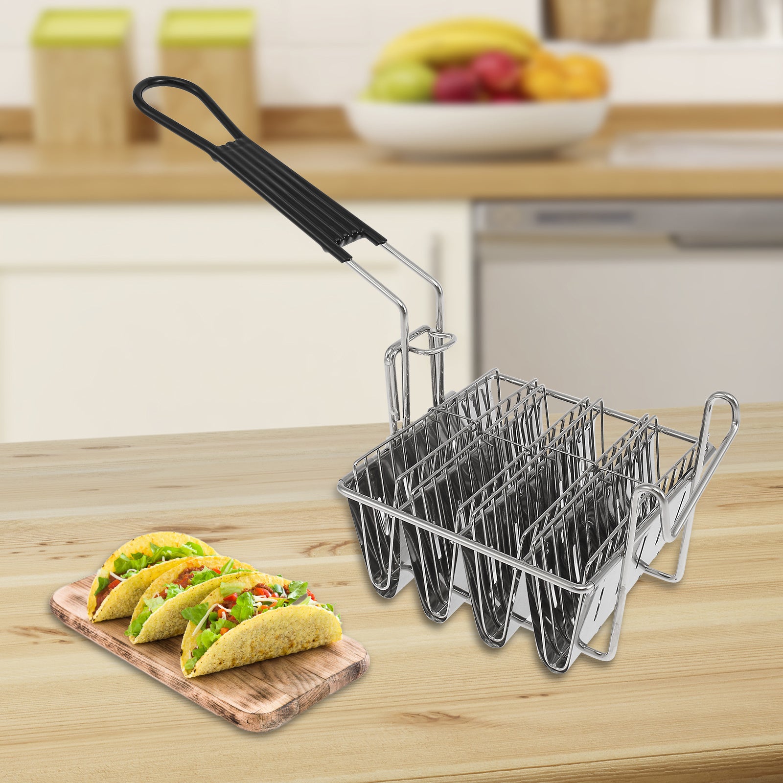 Stainless Steel Taco Fryer Basket with Detachable Rubber Handle Dishwasher Safe
