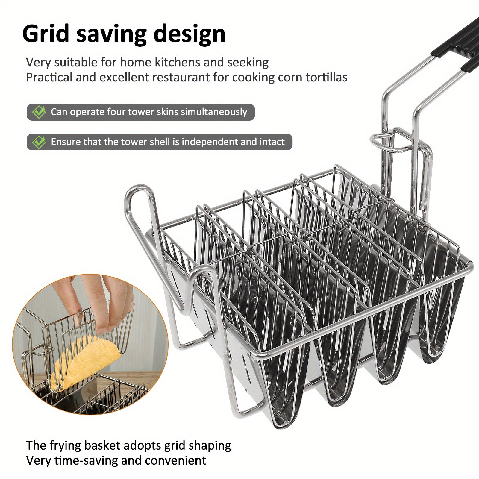 Stainless Steel Taco Fryer Basket with Detachable Rubber Handle Dishwasher Safe