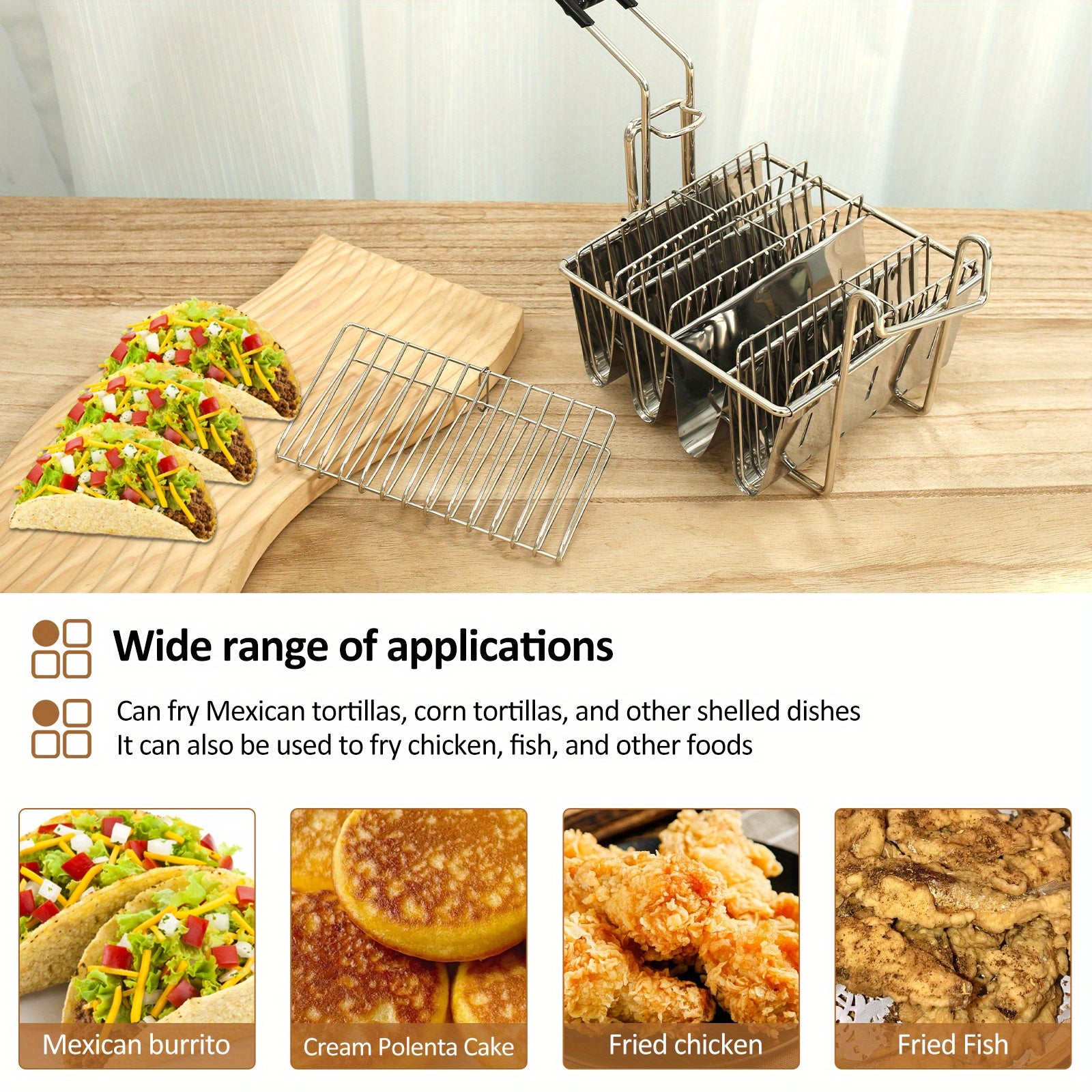 Stainless Steel Taco Fryer Basket with Detachable Rubber Handle Dishwasher Safe