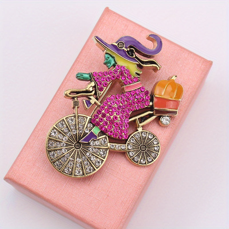 Vintage Style Retro Witch Bicycle Rhinestone Brooch Pin for Women