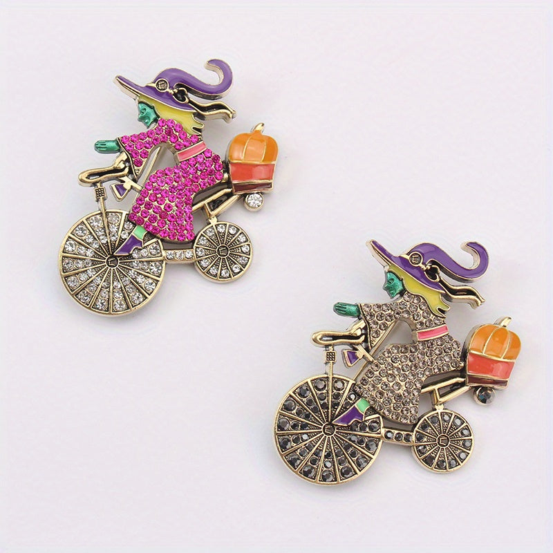 Vintage Style Retro Witch Bicycle Rhinestone Brooch Pin for Women