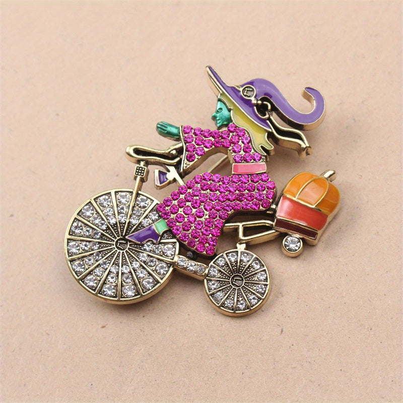 Vintage Witch Brooch with Rhinestones and Sparkly Design for Halloween