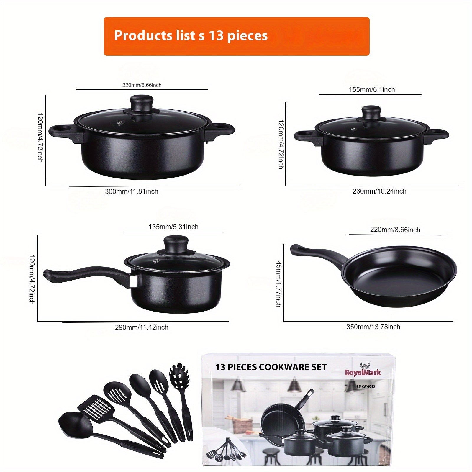 13-Piece Cast Iron Nonstick Cookware Set with Lids for Induction Stovetops
