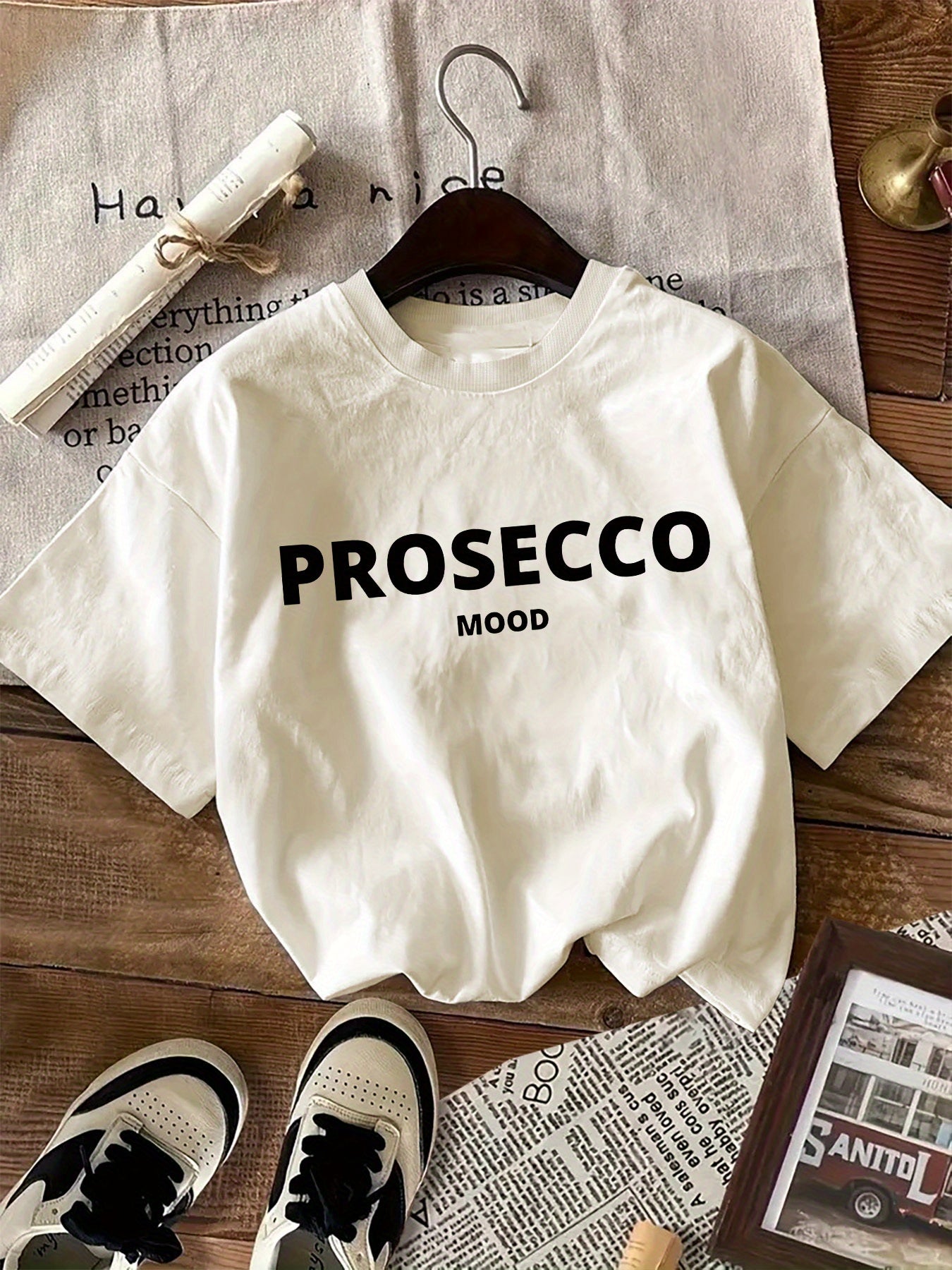 Women's Cotton Knit T-Shirt with "Prosecco Mood" Letter Print Crew Neck Short Sleeve All-Season Casual