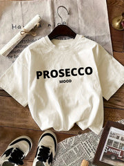 Women's Cotton Knit T-Shirt with "Prosecco Mood" Letter Print Crew Neck Short Sleeve All-Season Casual