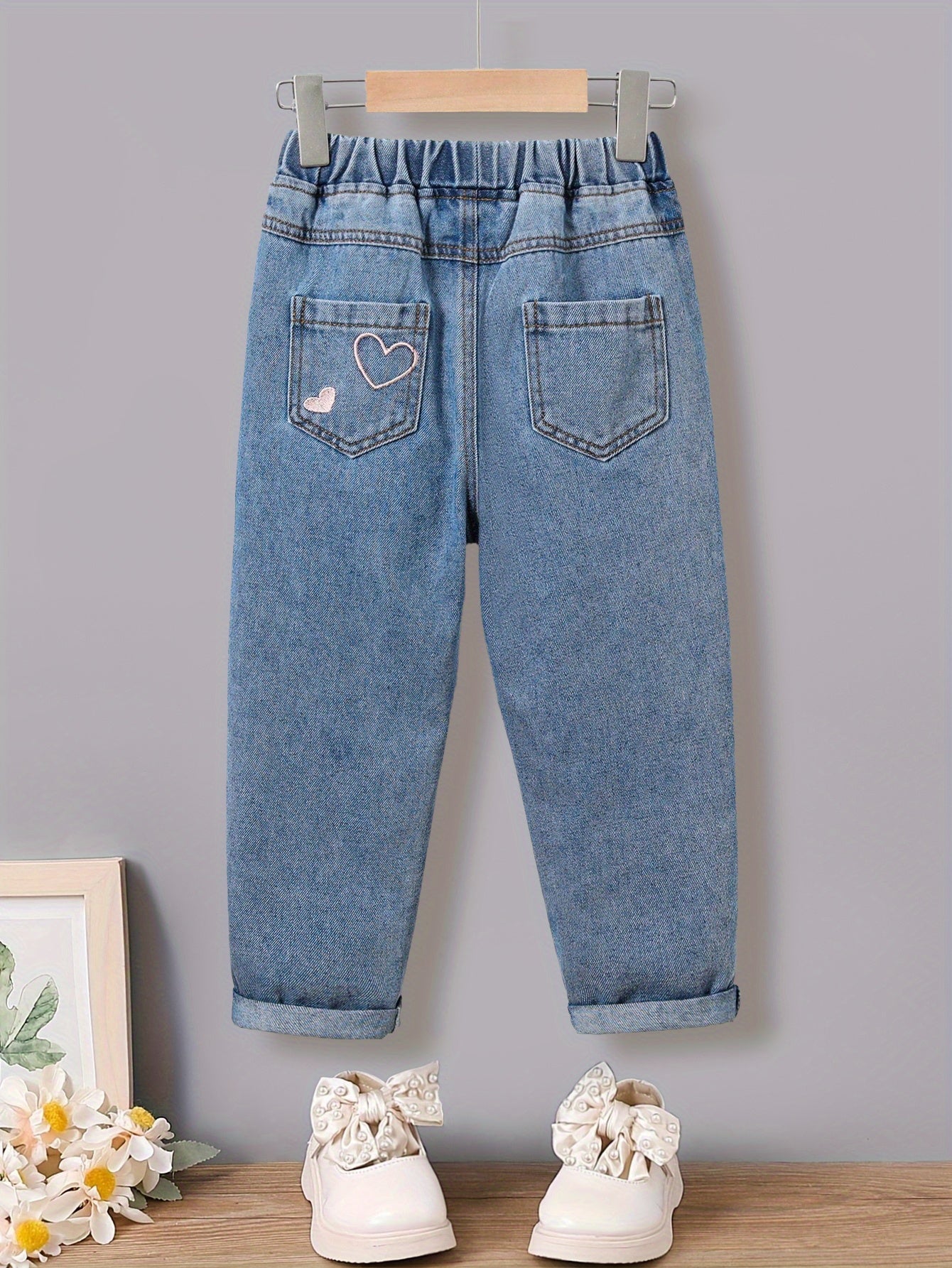 Girls' Kids Denim Jeans with Floral Print Polyester Viscose Regular Fit for Spring Fall