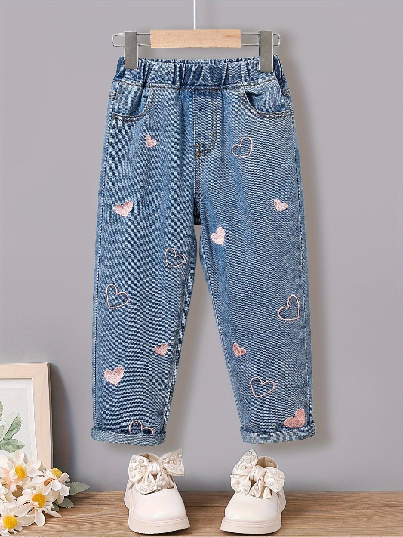 Girls' Kids Denim Jeans with Floral Print Polyester Viscose Regular Fit for Spring Fall
