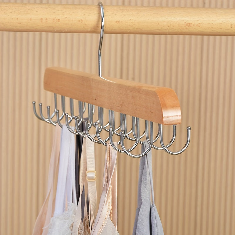 Wooden Belt and Accessory Hanger with 14 Polished Hooks for Ties Scarves Bras and Tank Tops