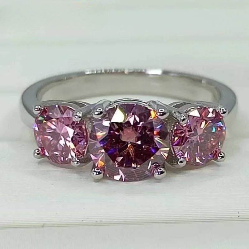 Pink Moissanite Engagement Ring 4 Carat Triple Round Sterling Silver Wedding Band