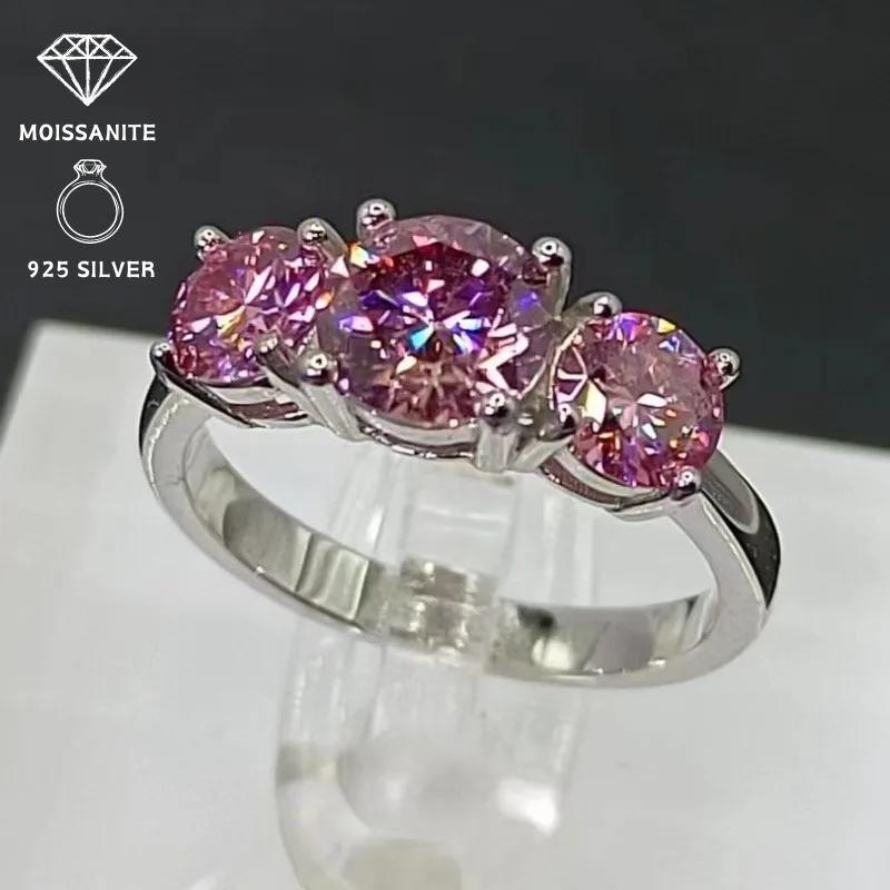 Pink Moissanite Engagement Ring 4 Carat Triple Round Sterling Silver Wedding Band