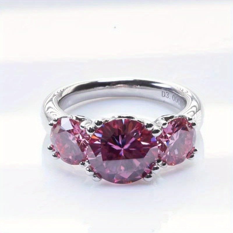 Pink Moissanite Engagement Ring 4 Carat Triple Round Sterling Silver Wedding Band