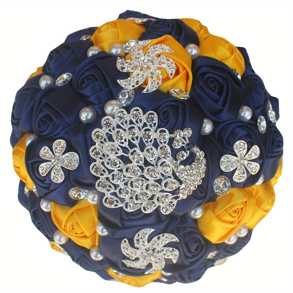 Elegant Bridal Bouquet Peackock Rhinestones Handcrafted Polyester Spandex Wedding Accessory