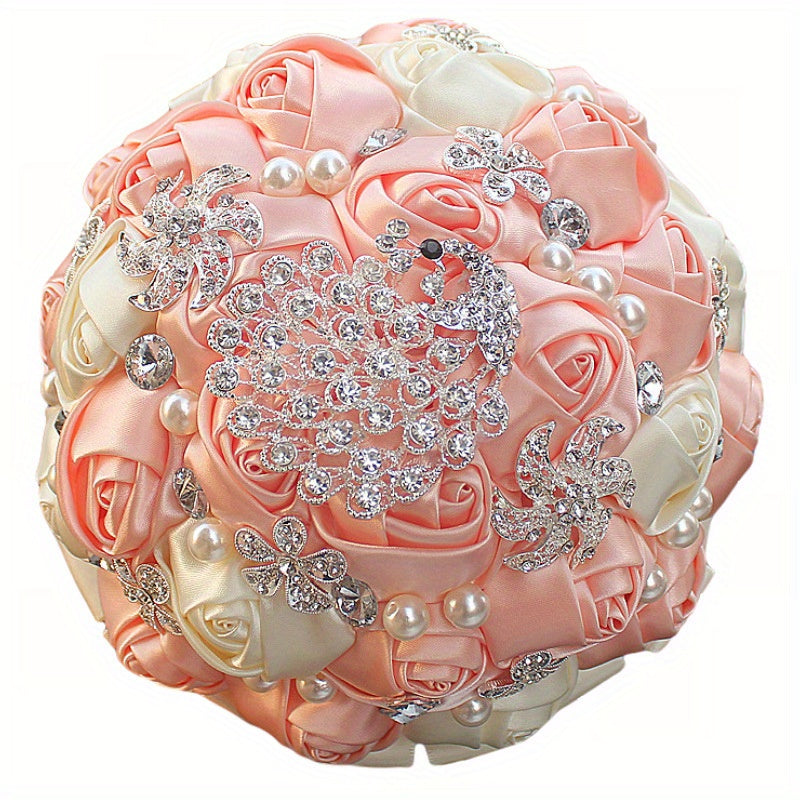 Elegant Bridal Bouquet Peackock Rhinestones Handcrafted Polyester Spandex Wedding Accessory