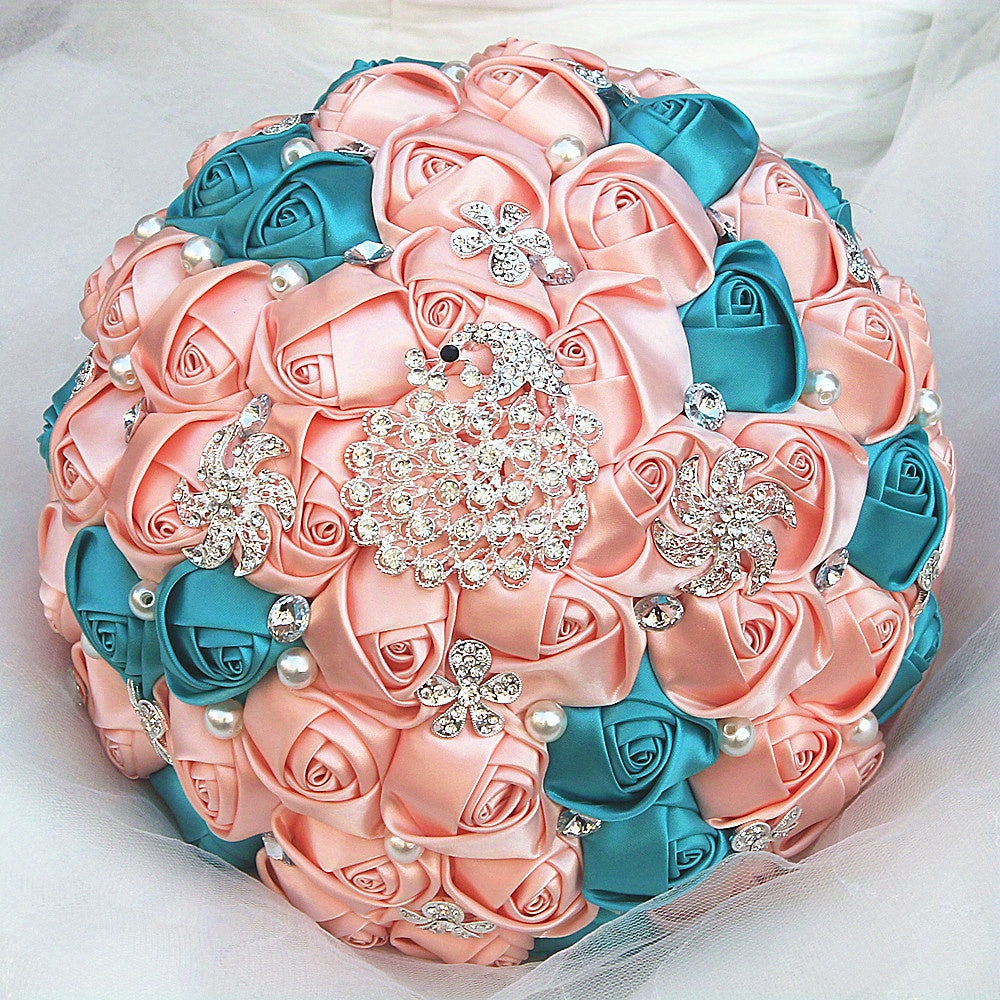 Elegant Bridal Bouquet Peackock Rhinestones Handcrafted Polyester Spandex Wedding Accessory