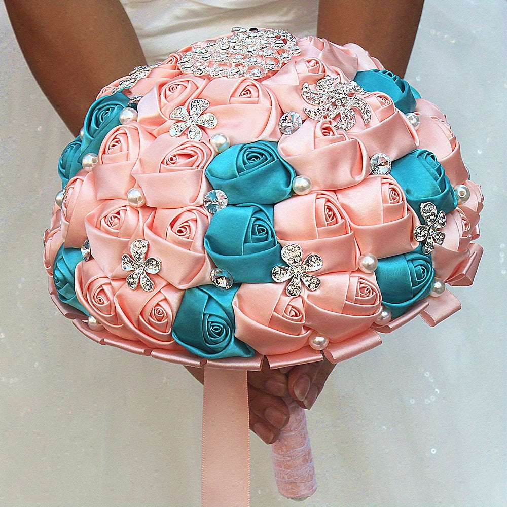 Elegant Bridal Bouquet Peackock Rhinestones Handcrafted Polyester Spandex Wedding Accessory