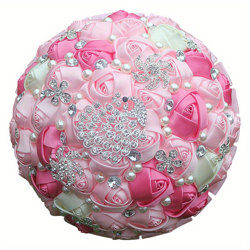 Elegant Bridal Bouquet Peackock Rhinestones Handcrafted Polyester Spandex Wedding Accessory