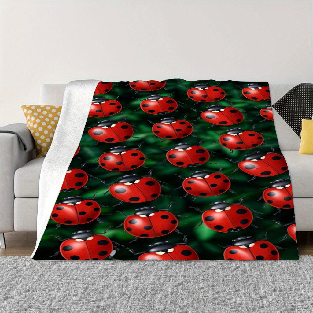 Ladybug Print Flannel Throw Blanket for Sofa Bed Travel All-Season Lightweight Polyester Knit