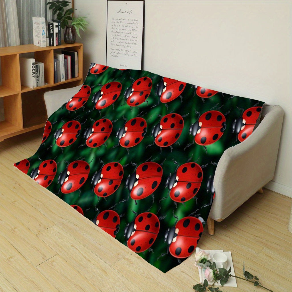 Ladybug Print Flannel Throw Blanket for Sofa Bed Travel All-Season Lightweight Polyester Knit