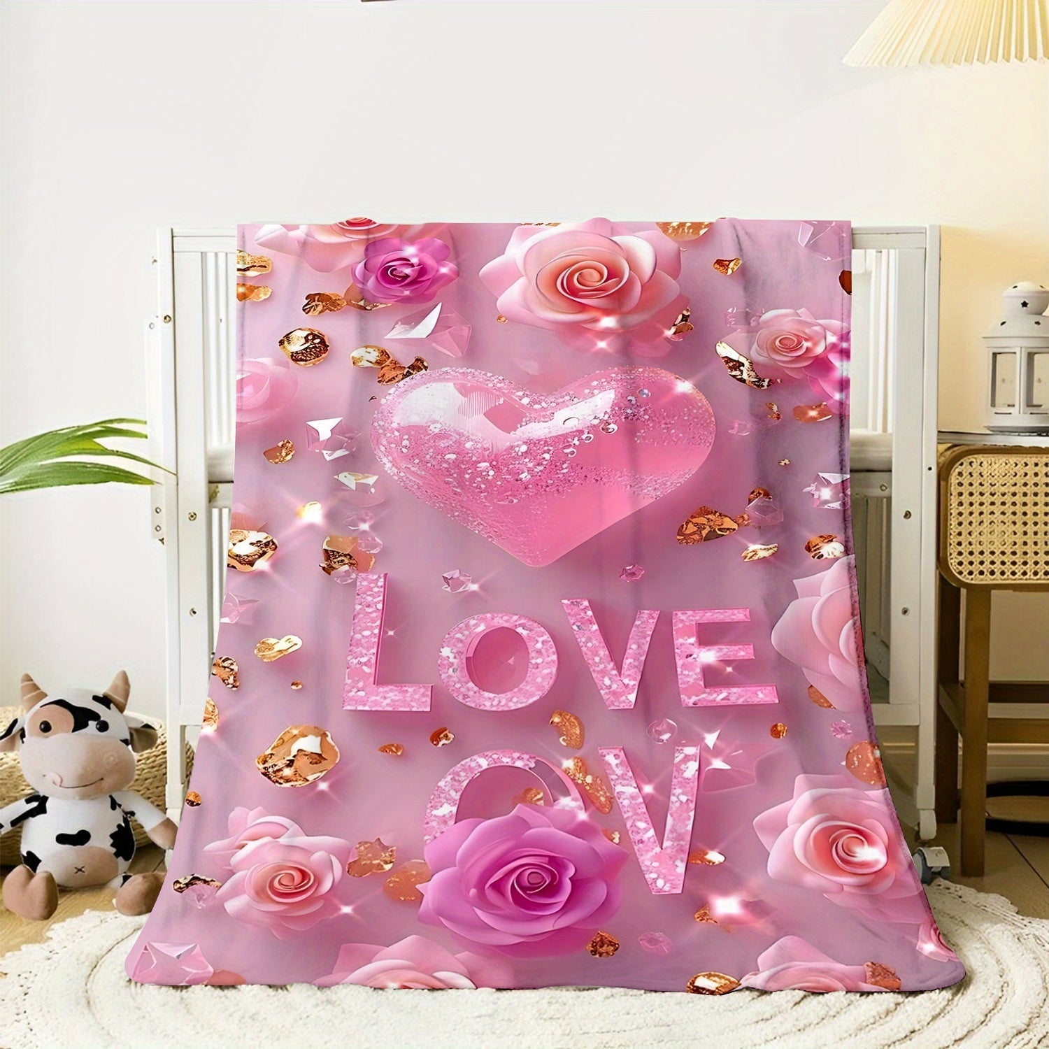 Pink Valentine's Day Throw Blanket Cozy Flannel Fleece with Rose and Heart Design