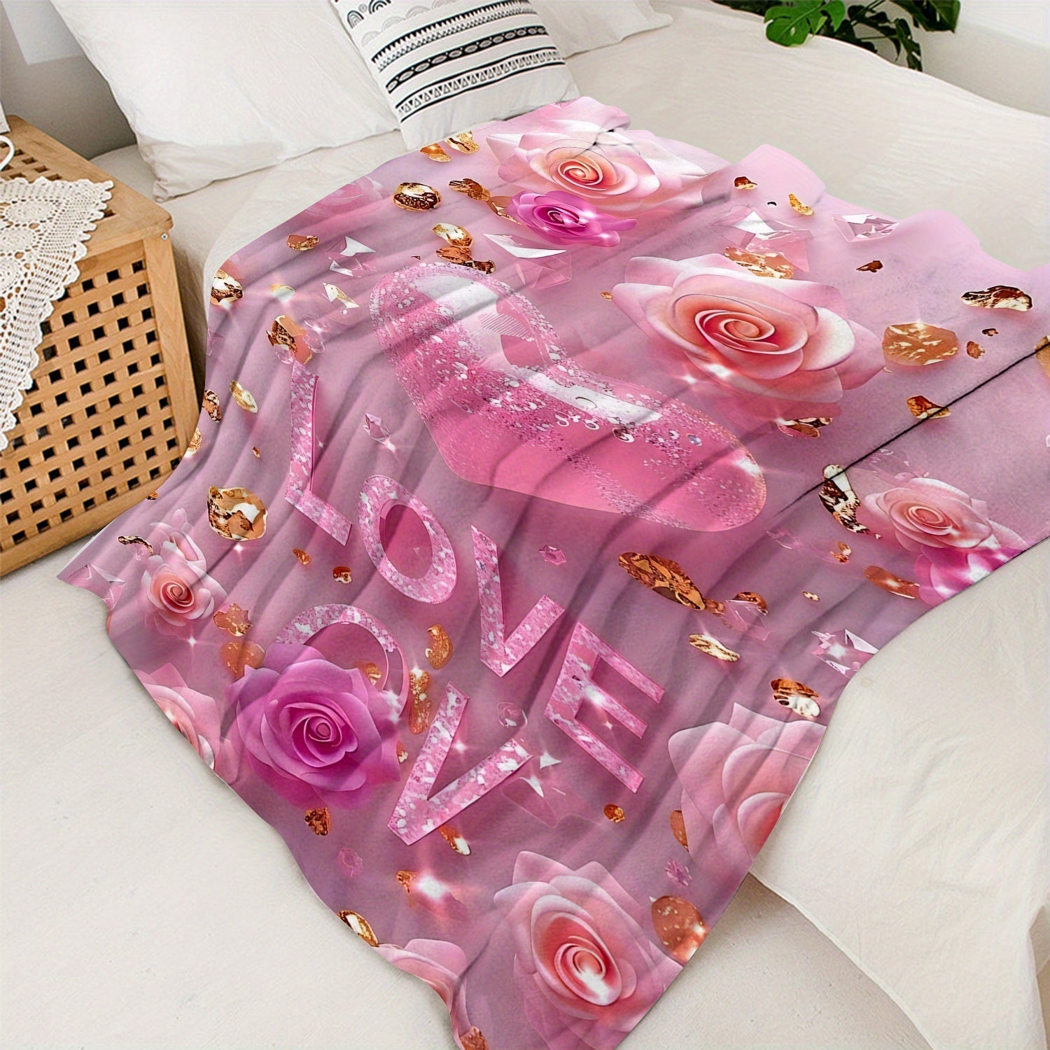 Pink Valentine's Day Throw Blanket Cozy Flannel Fleece with Rose and Heart Design